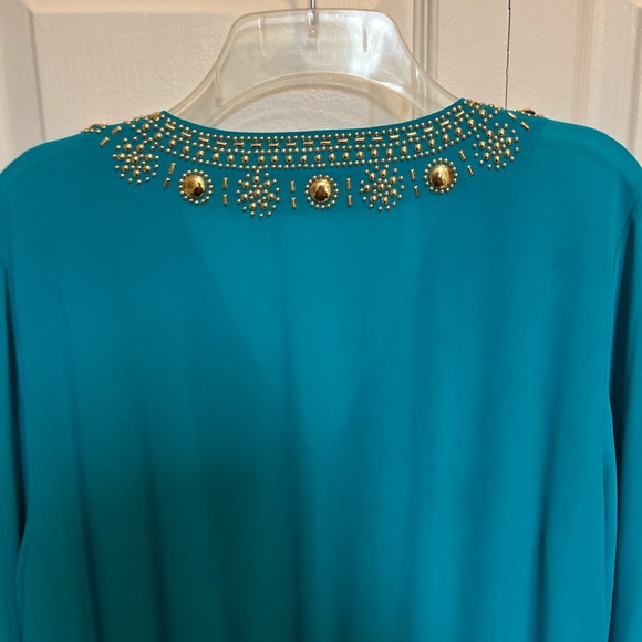 🟡MICHAEL KORS LOVED AUTHENTIC TEAL EMBELLISHED TUNIC V-NECK EMBELLISHED BLOUSE - Picture 11 of 14